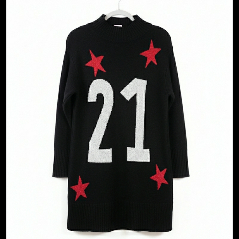 ​KAOS Italy Black Star Graphic Mock Neck Knit Red Silver Size Medium